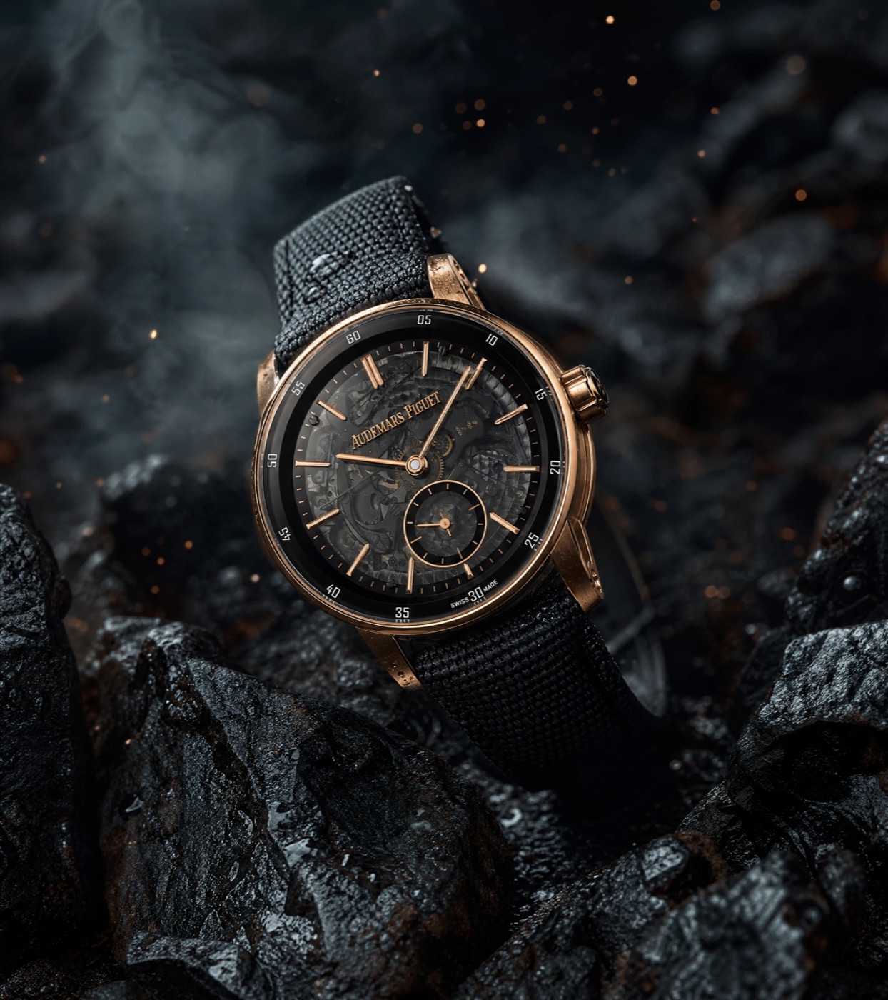 AI watch product photography on dark volcanic rock